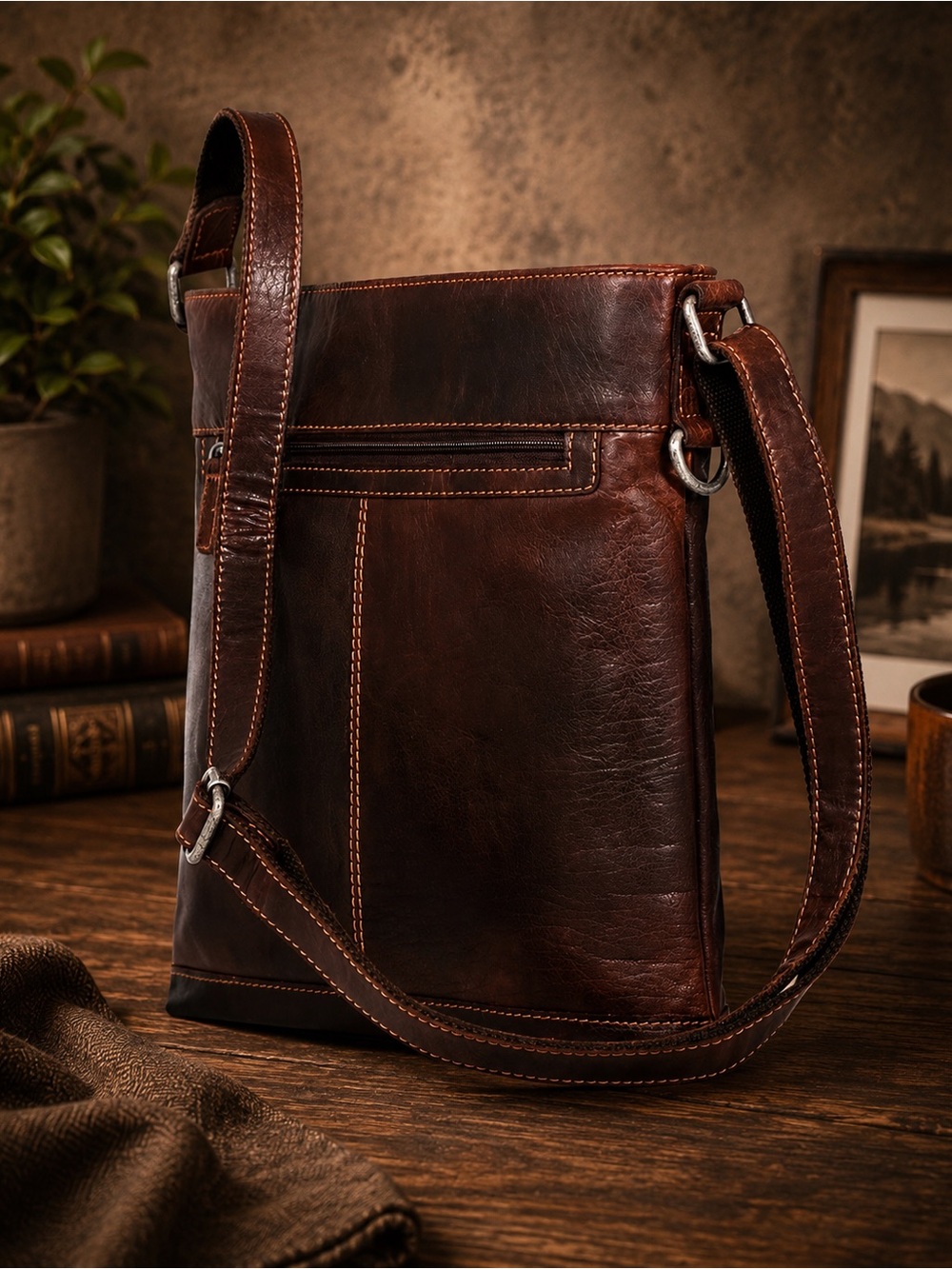 Jack Georges Buffalo Leather Crossbody Messenger Bag Brown # 7312 Full Grain EUC